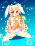  :d animal_ears aoi_yun blonde_hair blue_panties blush bow bow_panties bunny_ears carrot carrot_pillow hair_bow kneeling leg_garter lingerie long_hair open_mouth original panties pillow polka_dot polka_dot_panties red_eyes smile solo spread_legs strap_slip underwear very_long_hair 