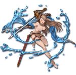  &gt;:o 1girl armor belt beltskirt bikini breast_hold breasts brown_hair buckle cleavage collage cross-laced_clothes cygames earrings fighting_stance full_body gauntlets granblue_fantasy grey_hair high_heels hips holding holding_weapon jewelry katarina_(granblue_fantasy) leg_lift legs legs_crossed light_smile long_hair long_legs looking_at_viewer minaba_hideo multiple_views nipple nipples official_art over_shoulder red_eyes scabbard shawl sheath shoes simple_background smile solo standing swimsuit sword thigh_strap transparent_background water weapon weapon_over_shoulder 
