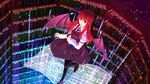  :o bad_id bad_pixiv_id bat_wings bookshelf commentary_request demon_girl dress dress_shirt flying head_wings highres koakuma library long_hair looking_at_viewer magic_circle necktie pantyhose red_eyes red_hair shirt skirt skirt_set solo spell_card touhou vest voile wings yonaga_(masa07240) 