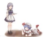  apron bat_wings blue_hair bow braid clenched_teeth closed_eyes crying dress full_body hair_bow hat hat_ribbon izayoi_sakuya maid_headdress mary_janes mob_cap multiple_girls novcel puffy_sleeves remilia_scarlet ribbon shoes short_hair short_sleeves silver_eyes silver_hair socks tantrum tears teeth touhou twin_braids waist_apron watermark web_address white_background white_legwear wings wrist_cuffs 