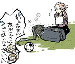  ball bob_cut brown_hair crying gokotai grass green_hair hair_over_one_eye japanese_clothes long_hair lying maeda_toushirou male_focus multiple_boys nikkari_aoe on_side outdoors pink_hair saku_anna soccer_ball souza_samonji squatting tears telstar touken_ranbu translation_request white_background 