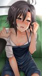  bad_id bad_pixiv_id black_hair blush breasts cleavage collarbone commentary_request couch downblouse hand_in_hair hand_on_another's_shoulder idolmaster idolmaster_(classic) inu_(marukome) kikuchi_makoto off_shoulder open_mouth out_of_frame pov pov_hands purple_eyes shirt shorts sitting small_breasts solo_focus strap_slip sweat 
