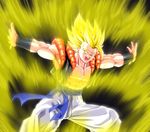  armband aura bare_chest blonde_hair dragon_ball dragon_ball_z gogeta green_eyes highres kamishima_kanon male_focus muscle open_mouth outstretched_arms solo spiked_hair super_saiyan vest 