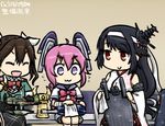  :3 :o ahoge bandaged_arm bandages black_hair bow bowtie brown_hair closed_eyes dated detached_sleeves fusou_(kantai_collection) gloves hair_ribbon hamu_koutarou headband headgear kantai_collection long_hair multiple_girls nenohi_(kantai_collection) pink_hair psychogun purple_eyes red_eyes remodel_(kantai_collection) ribbon seaplane single_glove sitting smile space_adventure_cobra tone_(kantai_collection) translated v-shaped_eyebrows white_ribbon 