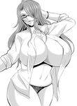  black_legwear breasts curvy glasses greyscale hair_in_mouth huge_breasts megane_man mole mole_under_eye monochrome navel open_clothes open_shirt original shirt simple_background solo thick_thighs thighs white_background wide_hips 