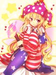  american_flag_dress american_flag_legwear blonde_hair blush clownpiece dutch_angle fairy_wings feet hat jester_cap leg_up long_hair looking_at_viewer matryoshka_(borscht) pantyhose print_legwear purple_eyes short_sleeves sitting smile solo star star-shaped_pupils striped striped_legwear symbol-shaped_pupils touhou wings 