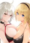  2girls ahoge anza_tomo ass bangs bare_shoulders bikini black_bikini black_choker black_gloves blonde_hair blue_eyes blush breast_press breasts choker cleavage closed_mouth collarbone commentary_request fate/grand_order fate_(series) gloves hair_between_eyes hairband jeanne_d&#039;arc_(alter_swimsuit_berserker) jeanne_d&#039;arc_(fate)_(all) jeanne_d&#039;arc_(swimsuit_archer) large_breasts long_braid long_hair looking_at_viewer multiple_girls o-ring o-ring_bikini o-ring_top silver_hair simple_background smile swimsuit symmetrical_docking very_long_hair white_background yellow_eyes 