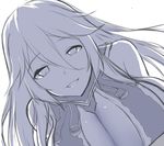  :d bangs bare_shoulders breast_rest breasts cleavage granblue_fantasy hair_between_eyes highres large_breasts long_hair looking_at_viewer magisa_(granblue_fantasy) monochrome no_hat no_headwear open_mouth purple simple_background smile solo upper_body white_background yutarahha 