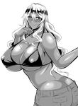  ass bikini breasts butt_crack cleavage dark_skin denim denim_shorts greyscale huge_breasts light_smile long_hair looking_at_viewer megane_man monochrome original shorts simple_background solo swimsuit white_background 