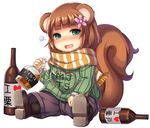  alcohol animal_ears bad_id bad_pixiv_id bangs boots bottle brown_hair flower green_eyes hair_flower hair_ornament highres kurito open_mouth peropero_saimin peroperoairu personification sake scarf solo squirrel_tail sweater tail 
