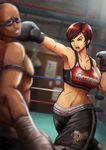  1girl bandaid boxing_gloves boxing_ring breasts cleavage clothes_writing dark_skin dead_or_alive dead_or_alive_5 emubi eyebrows highres in_the_face large_breasts midriff mila_(doa) open_mouth punching red_eyes red_hair short_hair shorts sports_bra zack_(doa) 