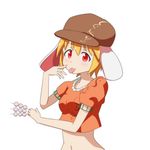  animal_ears blonde_hair bunny_ears cato_(monocatienus) dango flat_cap floppy_ears food hat looking_at_viewer midriff navel orange_shirt out-of-frame_censoring puffy_short_sleeves puffy_sleeves red_eyes ringo_(touhou) shirt short_sleeves skewer solo tongue tongue_out touhou wagashi 