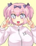  1girl blush bow breasts commentary_request hair_bow hibari_(senran_kagura) jacket large_breasts looking_at_viewer open_mouth pink_eyes pink_hair senran_kagura senran_kagura_shoujo-tachi_no_shin'ei short_hair short_twintails smile solo symbol-shaped_pupils track_jacket twintails v w yusa_(be2001) 