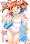  animal_ears aqua_eyes bad_id bad_pixiv_id blush brown_hair camcorder cat_ears cat_tail collarbone commentary_request fang gloves idolmaster idolmaster_(classic) inu_(marukome) kemonomimi_mode looking_at_viewer one_eye_closed open_mouth paw_gloves paws school_swimsuit smile solo star swimsuit tail takatsuki_yayoi twintails white_school_swimsuit white_swimsuit 