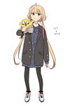 adventure_time ahoge bad_id bad_twitter_id black_legwear blonde_hair blush brown_eyes cdov34 crossover frown full_body futaba_anzu idolmaster idolmaster_cinderella_girls jacket jake_the_dog korean long_hair long_sleeves looking_at_viewer open_clothes open_jacket pantyhose shoes simple_background sneakers solo standing twintails very_long_hair white_background 
