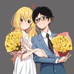  1boy 1girl arima_kousei black_hair blonde_hair blue_eyes blush breasts brown_eyes cleavage dress flower glasses good_end grey_background heart long_hair marceau miyazono_kawori necktie open_mouth shigatsu_wa_kimi_no_uso short_hair simple_background suit v 