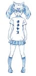  alternate_costume bbb_(friskuser) blue clothes_writing flat_chest hat highres kantai_collection kneehighs long_hair looking_down monochrome open_mouth ryuujou_(kantai_collection) shirt short_sleeves simple_background skirt socks solo standing t-shirt translated twintails visor_cap white_background 