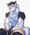  anthro blush clothed clothing felid feline looking_at_viewer male mammal muscular muscular_male shirt simple_background solo soraa tank_top whiskers white_background 