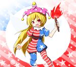  :d american_flag_dress american_flag_legwear blush clownpiece hat jester_cap long_hair looking_at_viewer open_mouth pantyhose purple_eyes senba_chidori smile solo torch touhou very_long_hair wings 