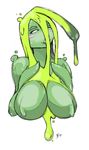  2015 ahoge blank_eyes blush_stickers breasts dave_(aonon) dripping goo_girl green green_hair green_skin green_slime_(monster_musume) hands_on_own_chest highres huge_breasts long_hair monster_girl monster_musume_no_iru_nichijou no_nipples signature simple_background sketch solo upper_body white_background 