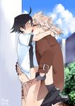  2boys against_wall anal bespectacled black_hair blue_sky bottomless clothed_sex cr-r cum cum_in_ass cum_while_penetrated cumdrip dated glasses hikigaya_hachiman kiss multiple_boys ponytail public sex size_difference sky white_hair yahari_ore_no_seishun_lovecome_wa_machigatteiru. yaoi zaimokuza_yoshiteru 