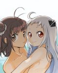  brown_hair double_bun kantai_collection long_hair multiple_girls naka_(kantai_collection) northern_ocean_hime nude red_eyes shinkaisei-kan shinryou_rei short_hair smile white_hair 