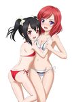  absurdres ass bikini black_hair blush body_blush bow breasts cleavage cutie_panther embarrassed flat_chest hair_bow highres looking_at_viewer love_live! love_live!_school_idol_project multiple_girls navel nishikino_maki o-ring o-ring_top open_mouth purple_eyes red_hair rere_(rere_tim) shiny shiny_skin short_hair side-tie_bikini striped striped_bikini swimsuit thigh_gap twintails yazawa_nico 