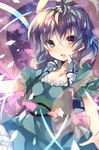  bad_id bad_twitter_id blue_dress blue_eyes blue_hair blurry blush breasts cleavage dress flower hair_ornament hair_rings hair_stick highres kaku_seiga looking_at_viewer open_mouth puffy_sleeves shawl short_hair short_sleeves small_breasts smile solo sweetroad touhou vest 