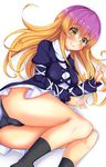  ass black_panties blonde_hair blush bow gradient_hair hair_bow hat highres hijiri_byakuren long_hair lying multicolored_hair on_side panties pantyshot pantyshot_(lying) purple_hair solo sweatdrop thighs tokoya_(ex-hetare) touhou underwear yellow_eyes 