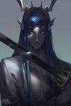  bare_chest blue_hair fan_ju fang forehead_jewel grin highres horns journey_to_the_west long_hair male_focus monkey_king:_hero_is_back pointy_ears shade signature slit_pupils smile solo sword upper_body weapon yellow_eyes yulong_(journey_to_the_west) 