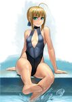  ahoge artoria_pendragon_(all) barefoot blonde_hair breasts cleavage fate/stay_night fate_(series) front_zipper_swimsuit green_eyes highleg highleg_swimsuit lasterk meme_attire one-piece_swimsuit poolside saber sitting small_breasts smile soaking_feet soles solo swimsuit toes water 