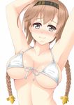  armpits arms_up bad_id bad_pixiv_id bikini_top blush braid breasts brown_hair clothes_writing front-tie_top grey_eyes hair_ornament hairband kantai_collection large_breasts long_hair looking_at_viewer propeller_hair_ornament sano_souichi shiny shiny_skin skindentation smile solo swimsuit teruzuki_(kantai_collection) twin_braids upper_body 