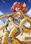  armor barbariank black_legwear brass_dragon breasts crotch_plate dragon_girl dragon_tail dungeons_and_dragons gauntlets grin horns large_breasts midriff navel original red_hair scales short_hair smile solo tail thighhighs underboob yellow_eyes 
