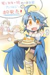  :d ahoge apron blue_hair blue_wings blush brown_hair brown_wings company_connection crossover feathered_wings feathers food hair_over_one_eye harpy head_feathers head_scarf highres monster_girl monster_musume_no_iru_nichijou multiple_girls nobuyoshi-zamurai open_mouth orange_eyes pancake papi_(monster_musume) rin_(torikissa!) scales short_shorts shorts siblings sisters sketch smile suzu_(torikissa!) torikissa! trait_connection translation_request wings 