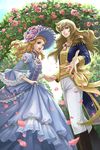  beckoning blonde_hair blue_eyes boots bow choker crossdressing day dress drill_hair flower hand_on_another's_hand hat highres hinata_gureko holding_hands jewelry lace-trimmed_sleeves long_hair looking_at_viewer marie_antoinette_(versailles_no_bara) multiple_girls open_hand open_mouth oscar_francois_de_jarjayes outdoors outstretched_hand pants petals reverse_trap rose skirt_hold sky smile standing striped striped_bow versailles_no_bara wide_sleeves 