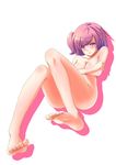  barefoot blush breasts cleavage covering covering_breasts crossed_arms feet full_body highres huan_yu legs medium_breasts nude original purple_eyes purple_hair shadow short_hair side_ponytail simple_background soles solo tears toes white_background 