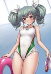  anchovy competition_swimsuit girls_und_panzer goggles goggles_removed grey_hair innertube italian_flag long_hair looking_at_viewer one-piece_swimsuit red_eyes smile solo solokov_(okb-999) standing swim_cap swim_cap_removed swimsuit twintails 