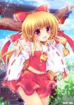  ascot blonde_hair blue_sky bow cloud cosplay day detached_collar enjoy_mix fang hair_bow hakurei_reimu hakurei_reimu_(cosplay) hakurei_shrine horn_ribbon horns ibuki_suika long_hair long_sleeves looking_at_viewer midriff navel open_mouth red_eyes ribbon ribbon-trimmed_sleeves ribbon_trim rope shimenawa shirt skirt skirt_set sky smile solo sparkle spell_card torii touhou very_long_hair wide_sleeves 