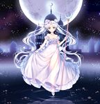  bead_bracelet beads bishoujo_senshi_sailor_moon blue_eyes bracelet breasts castle cleavage crescent dated double_bun dress earrings facial_mark flower forehead_mark full_body hair_flower hair_ornament jewelry long_hair maboroshi_no_ginzuishou medium_breasts moon moon_stick princess_serenity ripples signature sky solo staff star_(sky) starry_sky strapless strapless_dress tsukino_usagi twintails very_long_hair white_dress white_hair wingsie 