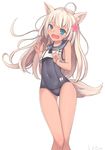  ahoge animal_ears blue_eyes covered_navel dog_ears dog_tail flower hair_flower hair_ornament kantai_collection kemonomimi_mode long_hair ro-500_(kantai_collection) school_uniform simple_background solo swimsuit swimsuit_under_clothes tail tan white_background white_hair yong_mei-uta 