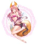  aile_(crossroads) animal_ears barefoot bra breasts fate/extra fate_(series) feet fox_ears fox_tail highres large_breasts long_hair looking_at_viewer miniskirt off_shoulder one_eye_closed open_clothes open_mouth open_shirt panties pink_bra pink_hair shirt single_sock single_thighhigh skirt smile sock_pull socks soles solo strap_slip tail tamamo_(fate)_(all) tamamo_no_mae_(fate) thighhigh_dangle thighhighs toes underwear unzipped yellow_eyes 