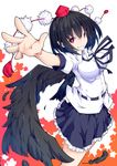  autumn_leaves bird_wings black_hair black_wings breasts feathers grin hat hat_ribbon highres ishimu large_breasts looking_at_viewer pointy_ears pom_pom_(clothes) puffy_short_sleeves puffy_sleeves red_eyes ribbon shameimaru_aya shirt short_sleeves skirt smile solo tokin_hat touhou wings 