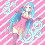  1girl blue_hair breasts cleavage elbow_gloves gloves long_hair me!me!me! meme_(me!me!me!) solo striped_background thighhighs tongue tongue_out wink 