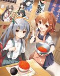  black_hair blue_eyes bottle bowl brown_eyes brown_hair chopsticks eyebrows_visible_through_hair glass glasses hair_ornament hairband hairclip haruna_(kantai_collection) highres holding holding_bottle holding_bowl ikazuchi_(kantai_collection) ikura_(food) indoors japanese_clothes kantai_collection kasumi_(kantai_collection) kitakami_(kantai_collection) long_hair mixing_bowl multiple_girls nontraditional_miko ooyodo_(kantai_collection) poster_(object) remodel_(kantai_collection) rice_spoon roe sake_bottle short_hair side_ponytail silver_hair smile triangle_mouth uniform v-shaped_eyebrows yume_no_owari 