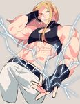  abs bad_id bad_pixiv_id bare_shoulders blonde_hair blue_eyes cleavage_cutout crop_top cropped_legs earrings electricity fingerless_gloves gloves halterneck heart heart_earrings highres hohehohe jewelry male_focus midriff muscle nikaidou_benimaru solo the_king_of_fighters 