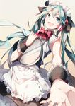  alternate_costume apron aqua_eyes aqua_hair black_dress bow dress enmaided hatsune_miku highres long_hair maid maid_headdress open_mouth shuzi sleeveless sleeveless_dress smile solo tray twintails very_long_hair vocaloid waist_apron wrist_cuffs 