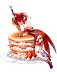  armor armored_dress bad_id bad_pixiv_id bare_back bare_shoulders braid detached_sleeves elesis_(elsword) elsword food fruit full_body highres mellchi pancake plate red_eyes red_hair saber_knight_(elsword) shoes short_hair skirt smile solo strawberry sword thighhighs weapon whipped_cream white_background white_legwear white_skirt 