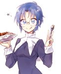  blue_eyes blue_hair blush breasts ciel curry curry_rice food glasses habit licking_lips looking_at_viewer medium_breasts melty_blood plate rice short_hair six_(fnrptal1010) smile solo spoon star tongue tongue_out tsukihime v 