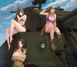  american_flag_bikini bikini breasts browning_m2 damegane flag_print gun huge_breasts m4_sherman machine_gun military military_uniform military_vehicle multiple_girls submachine_gun swimsuit tank uniform vehicle weapon 