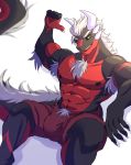  anthro armpit_hair bulge clothed clothing dragon flexing looking_at_viewer male muscular muscular_male nipples sitting smile solo soraa topless 